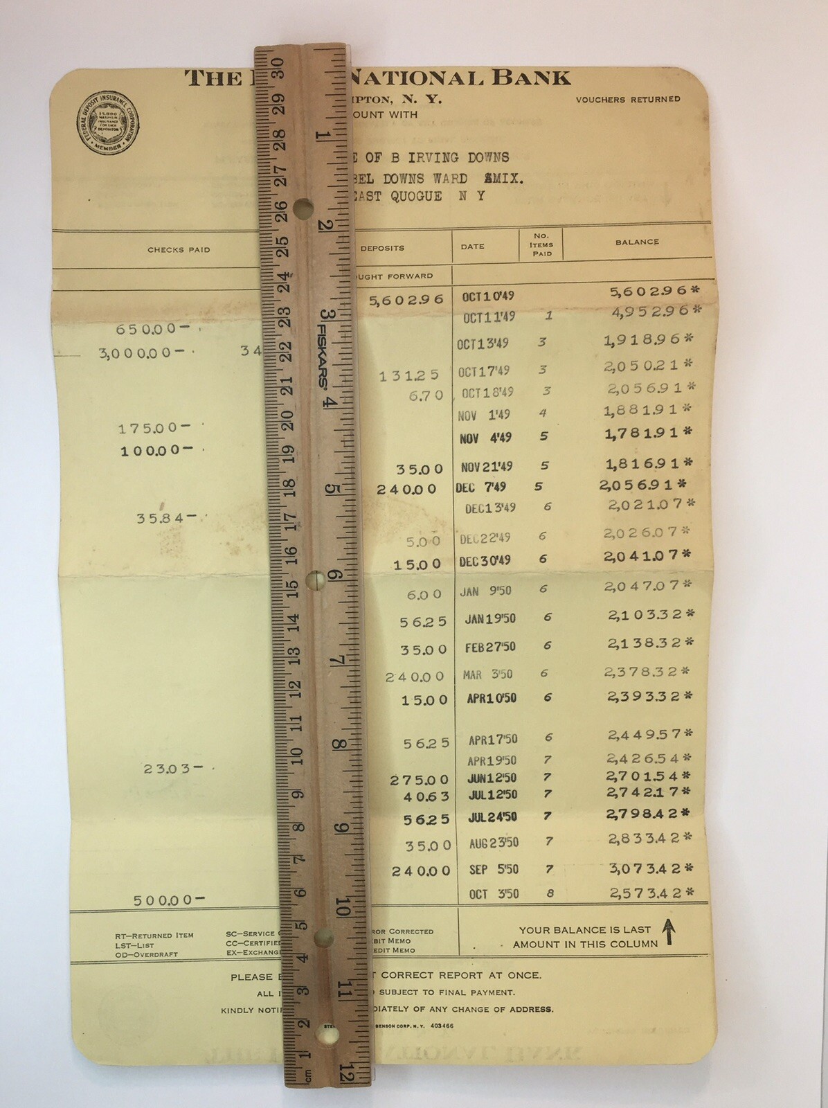 The First National Bank of Southhampton NY Estate Paperwork 1950 Irving Downs