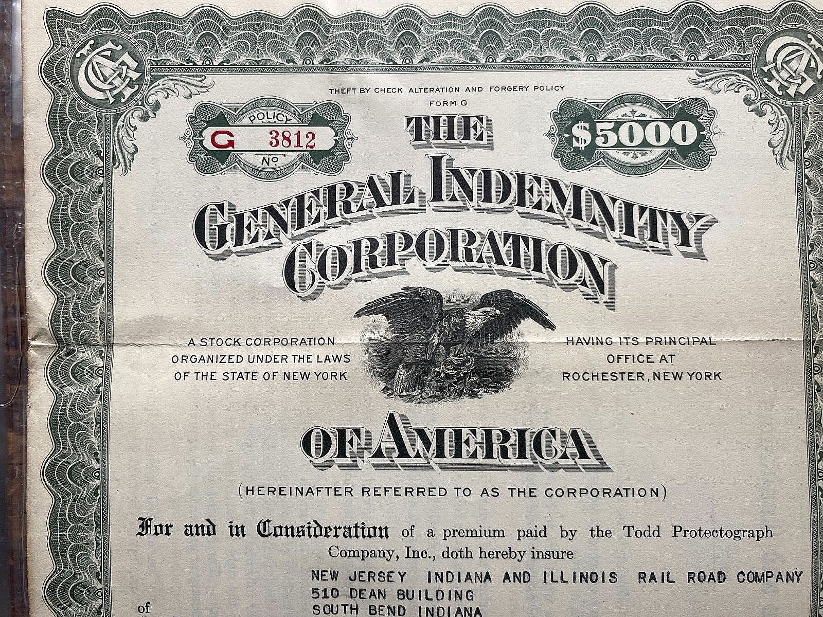1922 General Indemnity Corp. Fraud Insurance Policy. NJ, IN & IL Railroad Co.