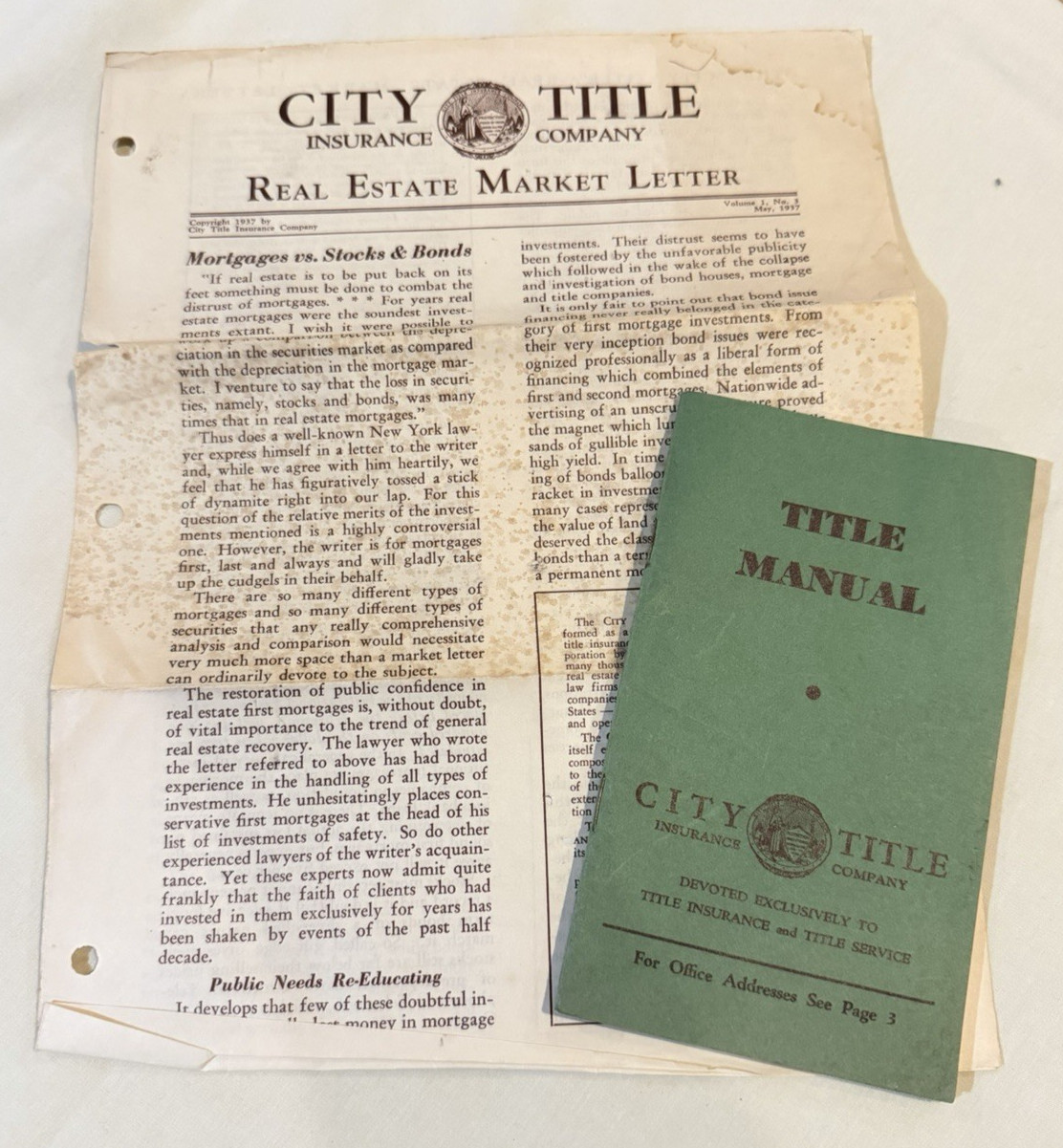 Vintage 1937 CITY TITLE INSURANCE COMPANY ~ Manual & Real Estate Market Letter