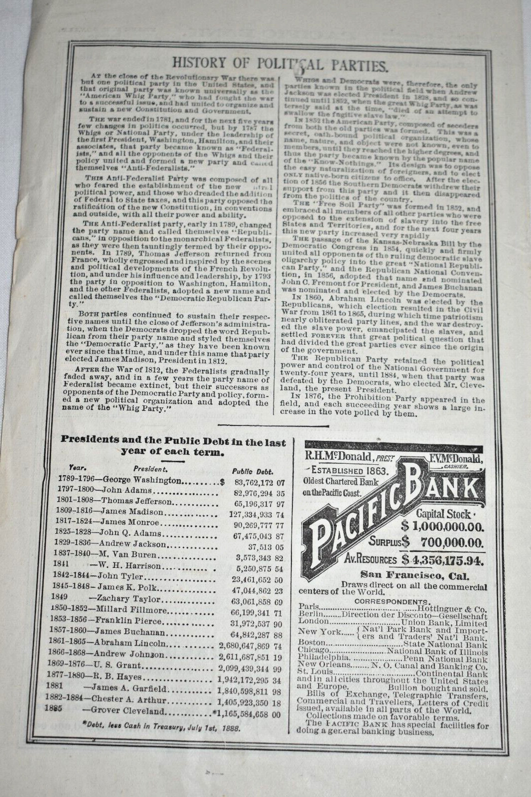 Antique 1888 PACIFIC BANK – San Francisco CA. Ad Statement July 1 for Voters