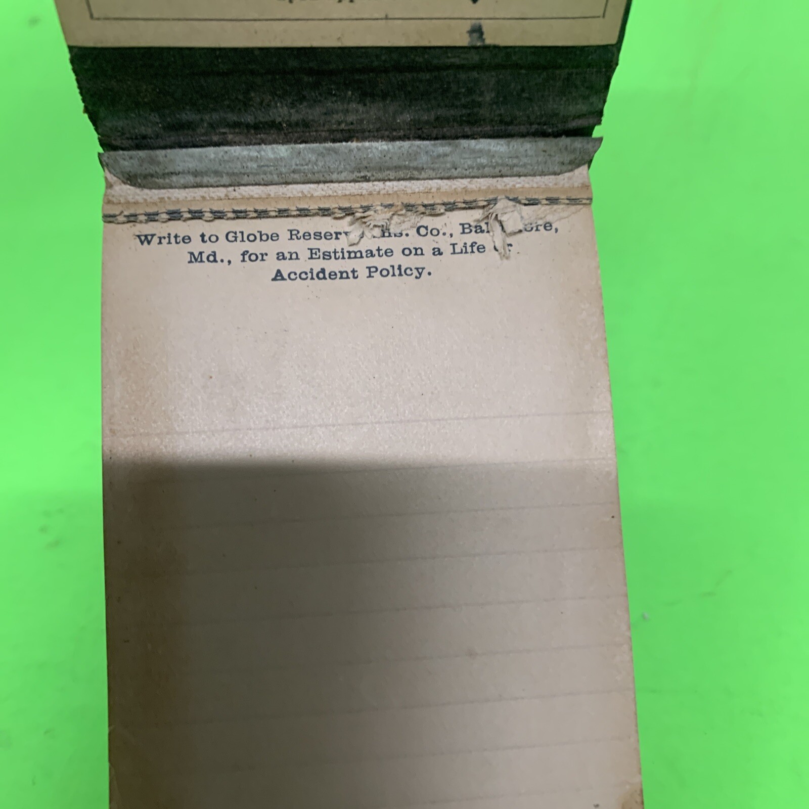 1889 Globe Reserve Ins. Co. Notepad small Baltimore MD