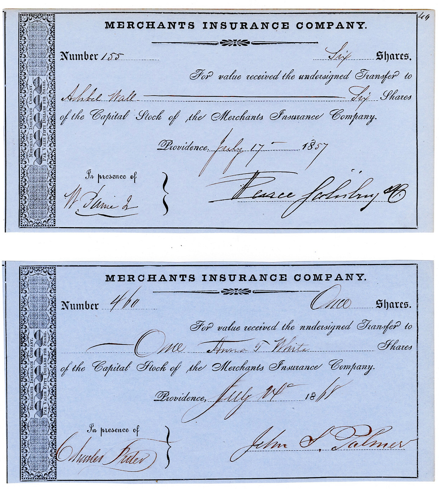 RHODE ISLAND Merchants Insurance Co. LOT OF SIX (6) Certificates 1850’s – 1870’s