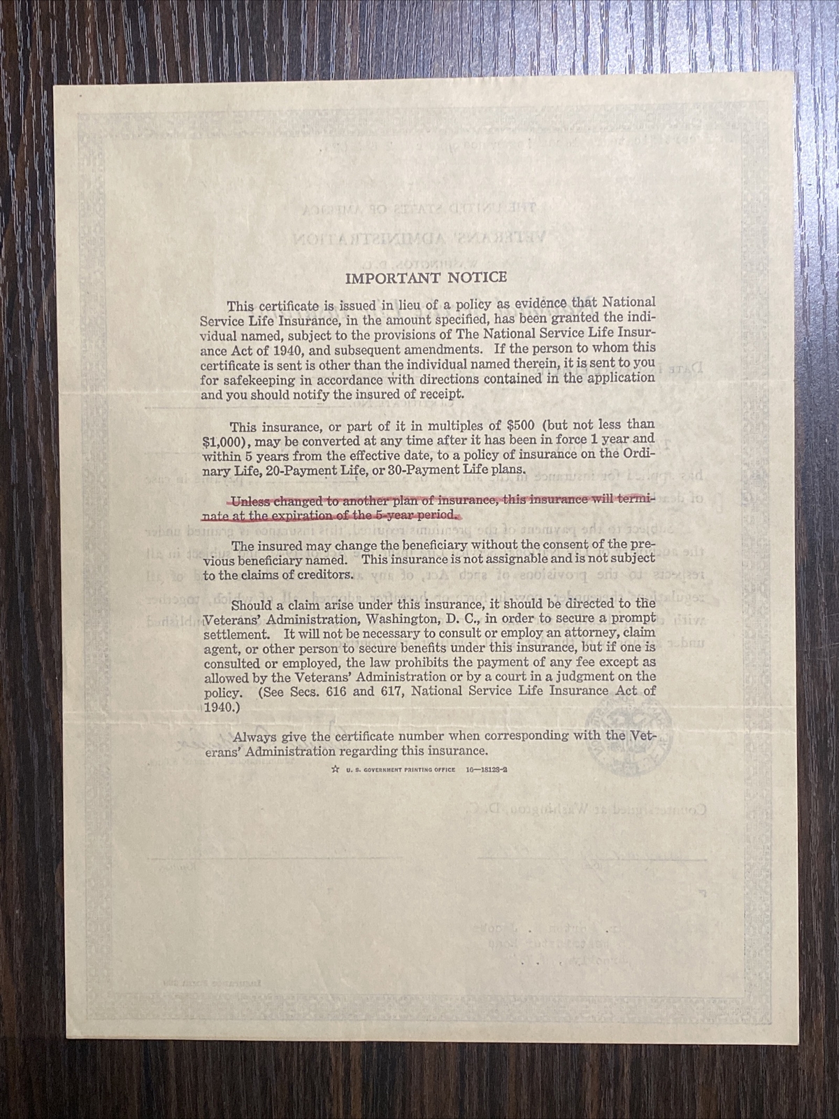 WWII Veteran National Service Life Insurance Certificate 1945 Morton Jacobs NY