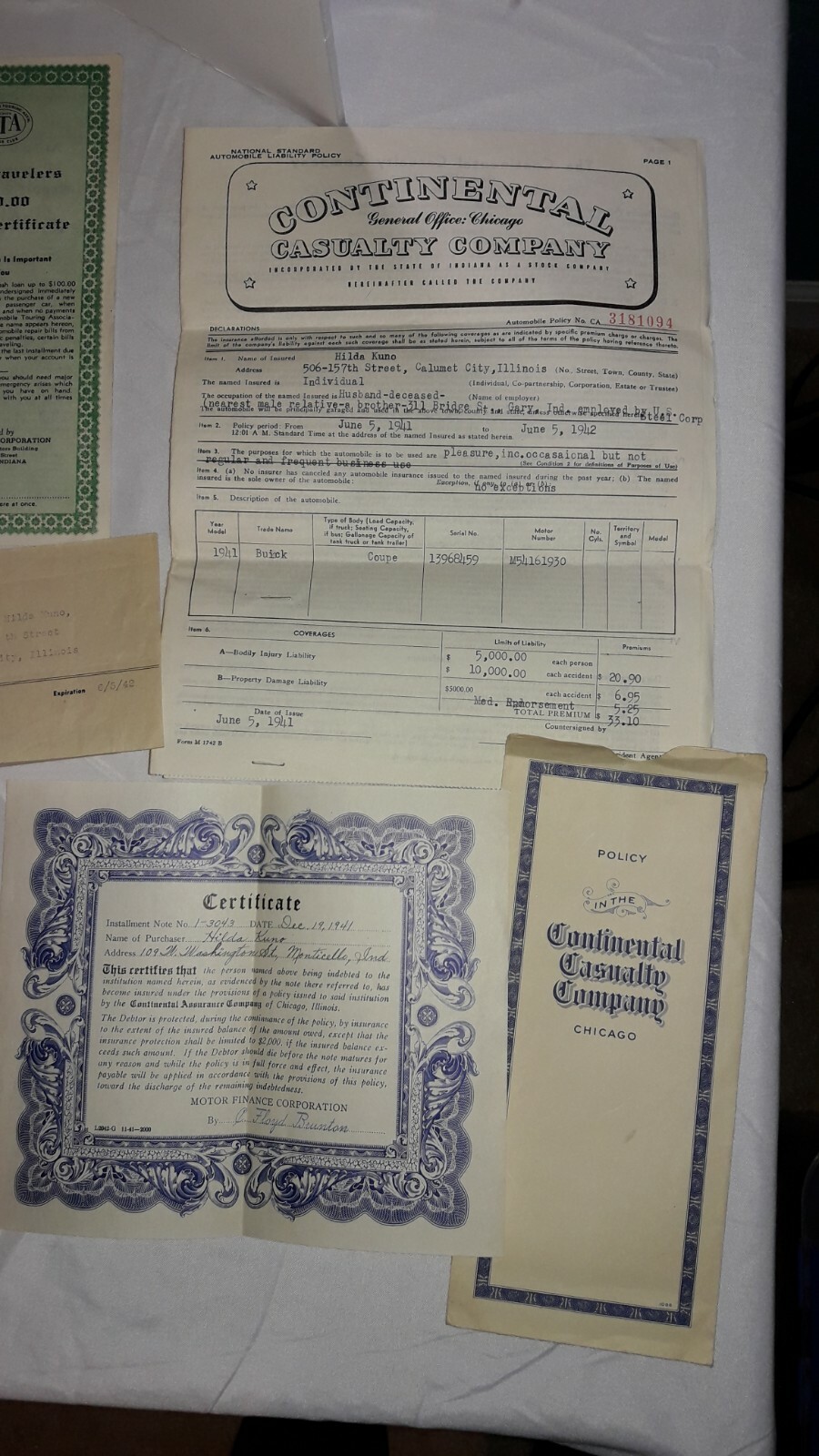 1940’s Lot of Automobile Policies, Correspondence & Related, Buick, Continental+