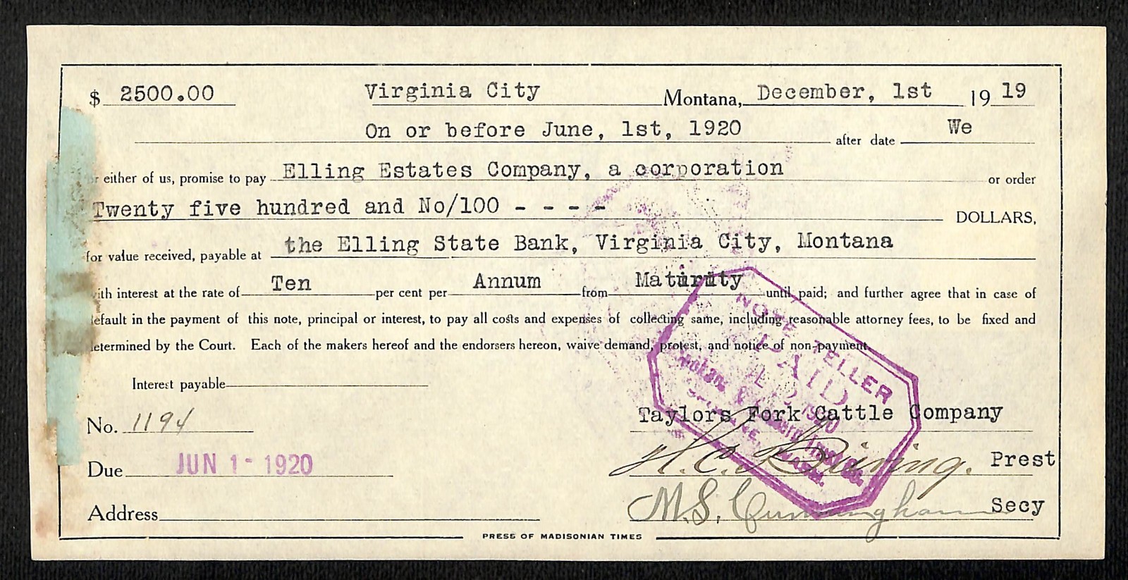 Elling State Bank Virginia City, MT 1919 Promissory Note w/ Rev Stamp (#8)