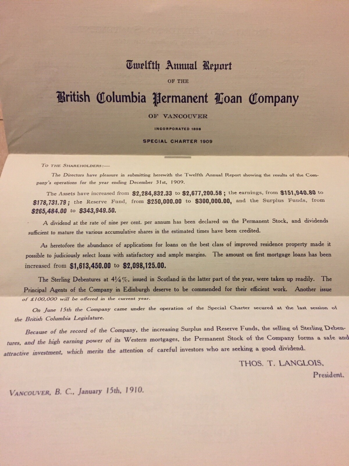 1909, 12th Annual Report B.C. Permanant Loan Vintage Vancouver Canada Paper E79