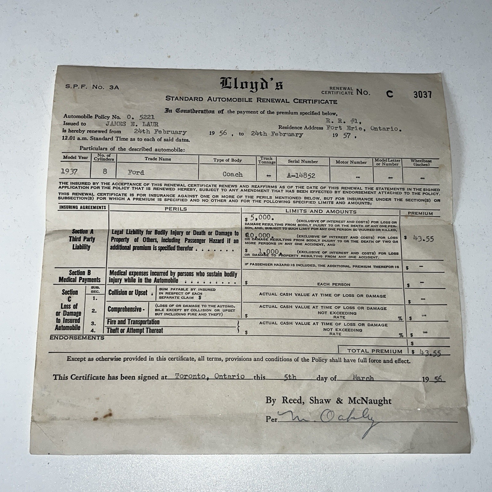 Lloyd’s Canada 1956 Ford auto insurance renewal certificate