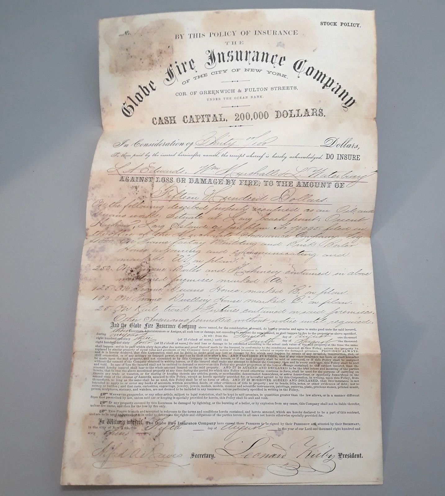 1863 Globe Fire Insurance Company Stock Policy NYC Cor. Greenwich & Fulton Sts