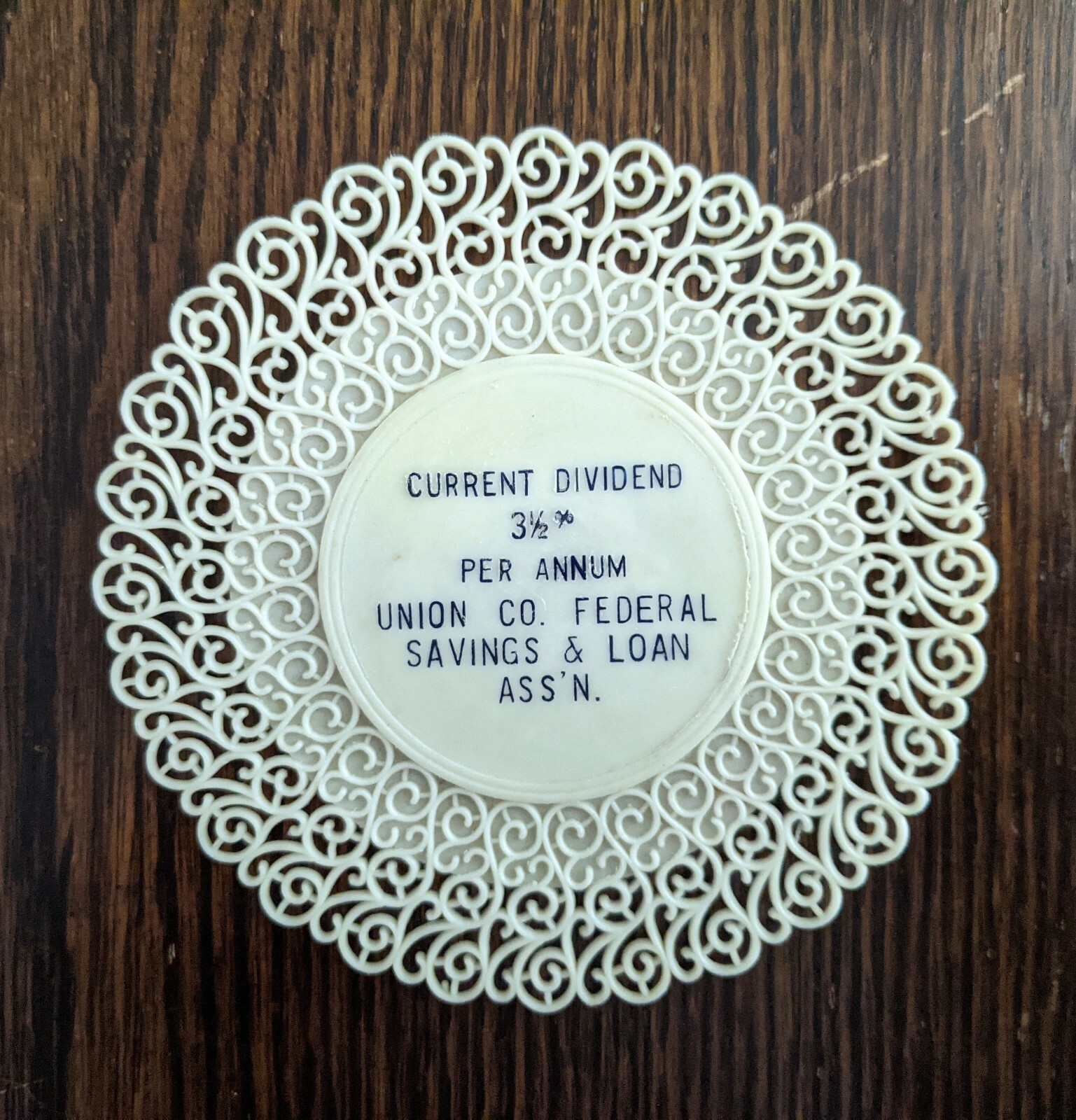 Vintage Plastic Coaster, Union County Federal Savings & Loan, Marysville OH
