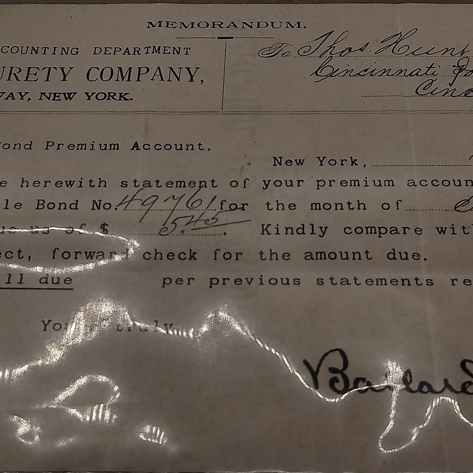 National Surety Company (New York Life Insurance) Bond Account Invoice 1901
