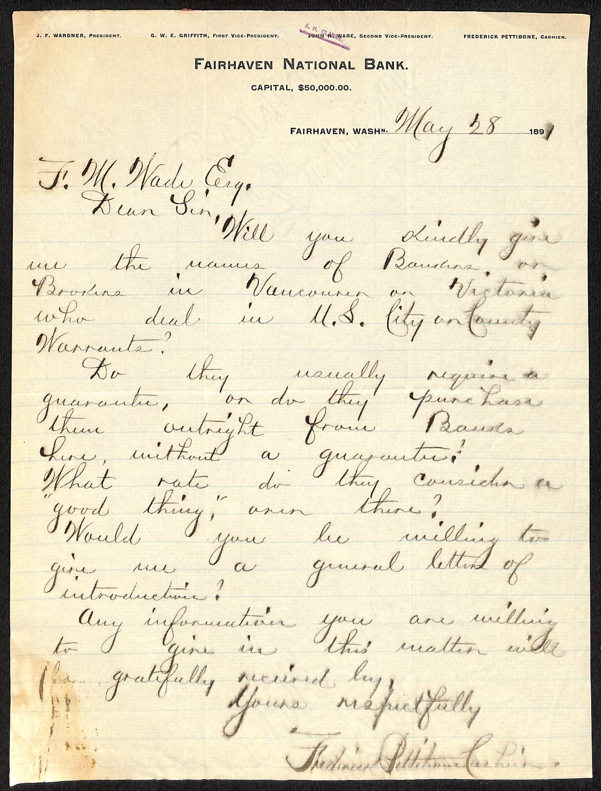 1891 Fairhaven National Bank WA. ALS Letterhead re: U.S / Can. Border Warrants
