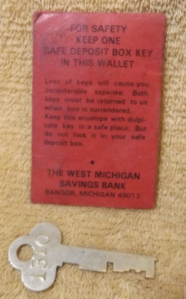 Vintage West Michigan Savings Bank Safety Deposit Box Key & Envelope Bangor , Mi