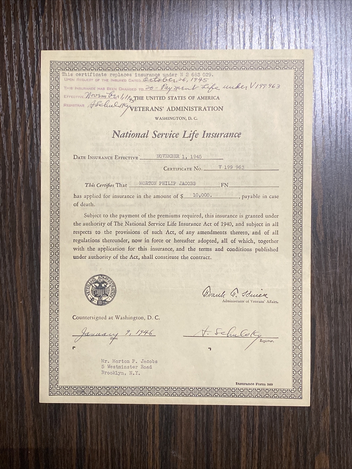 WWII Veteran National Service Life Insurance Certificate 1945 Morton Jacobs NY