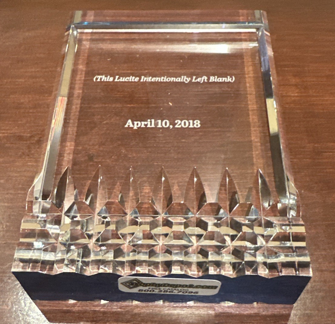 Lucite Wall Street Paper Weight Sample Tombstone 2018