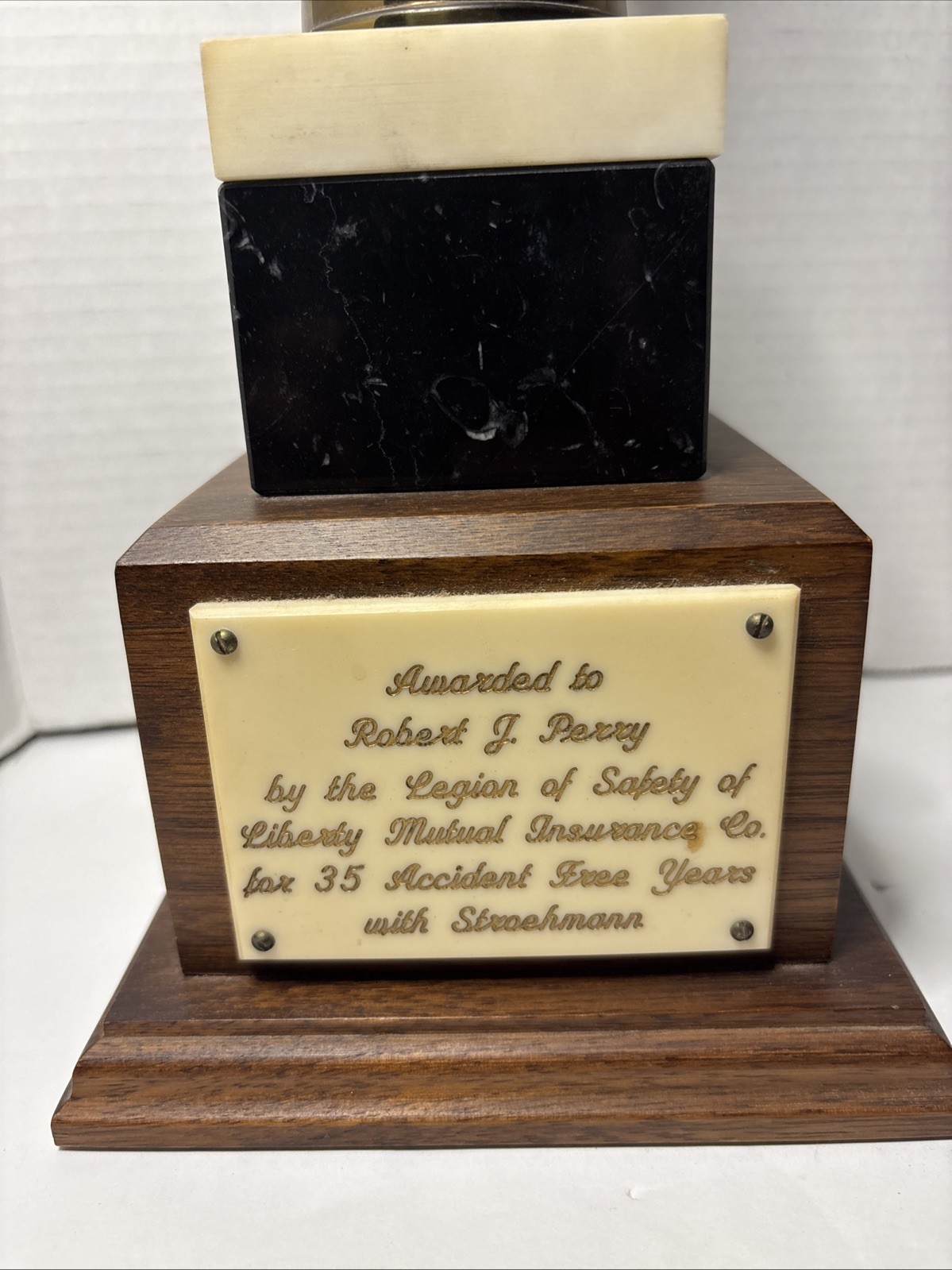 Vintage Trophy Legion Of Safety Liberty Mutual 35 Yrs Accident Free W/ Stroemann