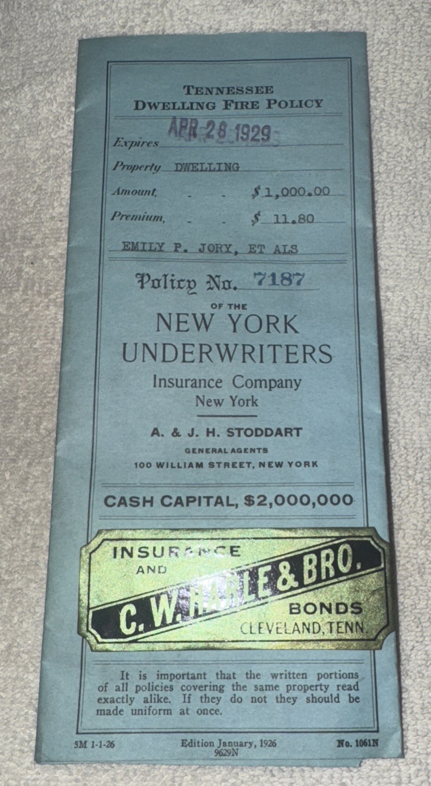 1929 New York Underwriters Ins Co Tennessee Dwelling Fire Policy Signed Original