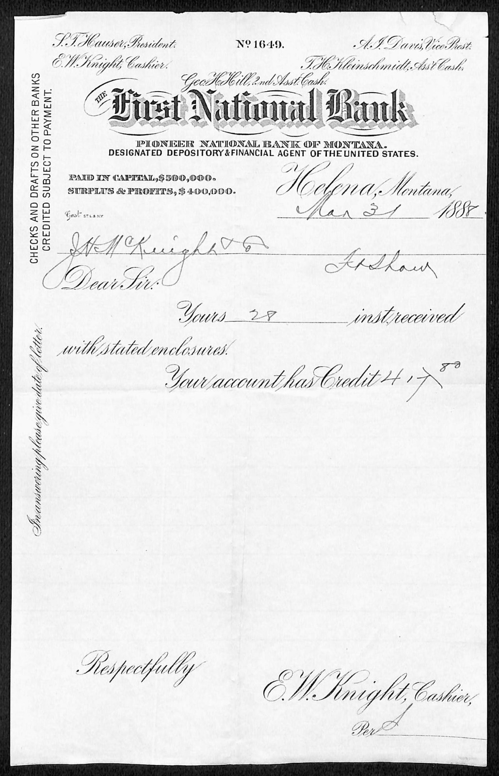 FNB Pioneer National Bank of Montana 1888 Helena Receipt E.W. Knight* (#11)
