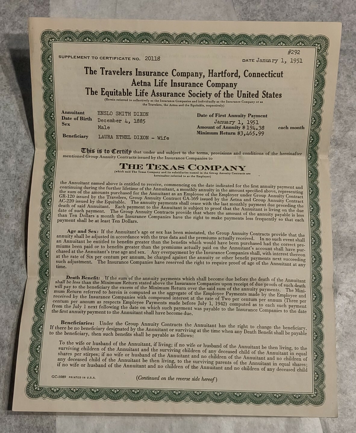 Vtg Travelers Insurance Company Hartford Conn Life Insurance Policy Letter 1951