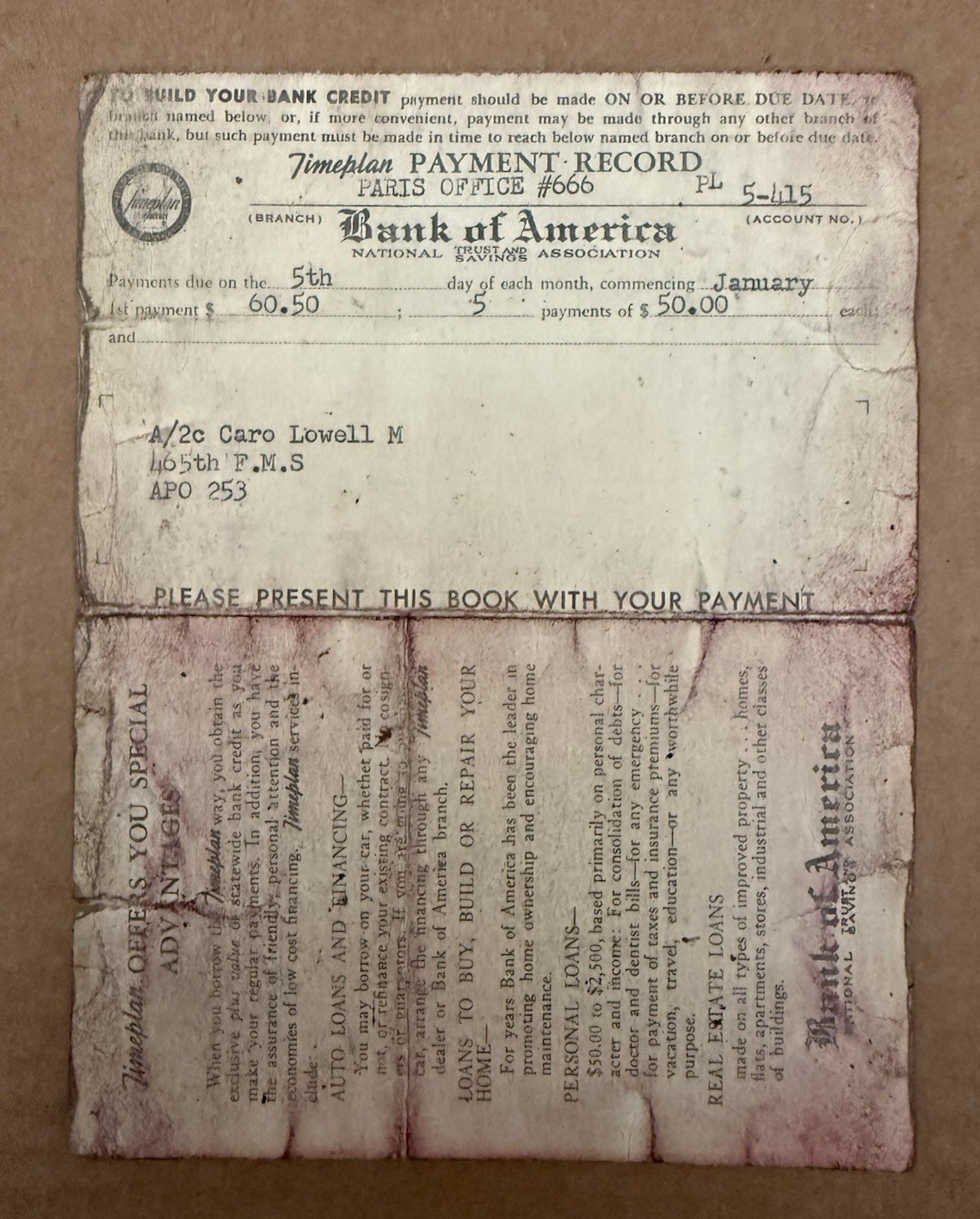 1957 Bank Of America Payment Record Paris Office