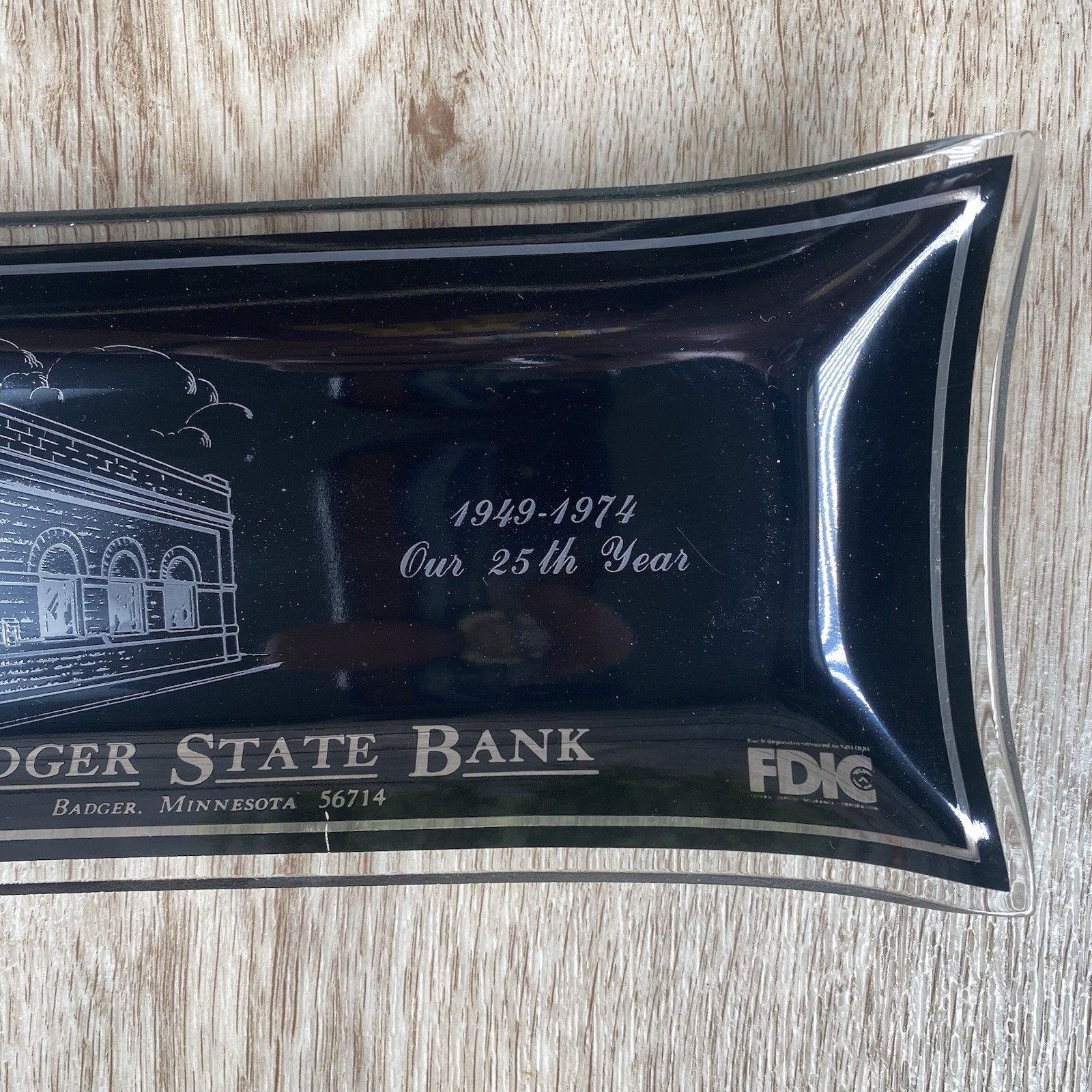 Badger State Bank Tray Souvenir of Badger, MN Smoke Glass 8” X 3 1/2”