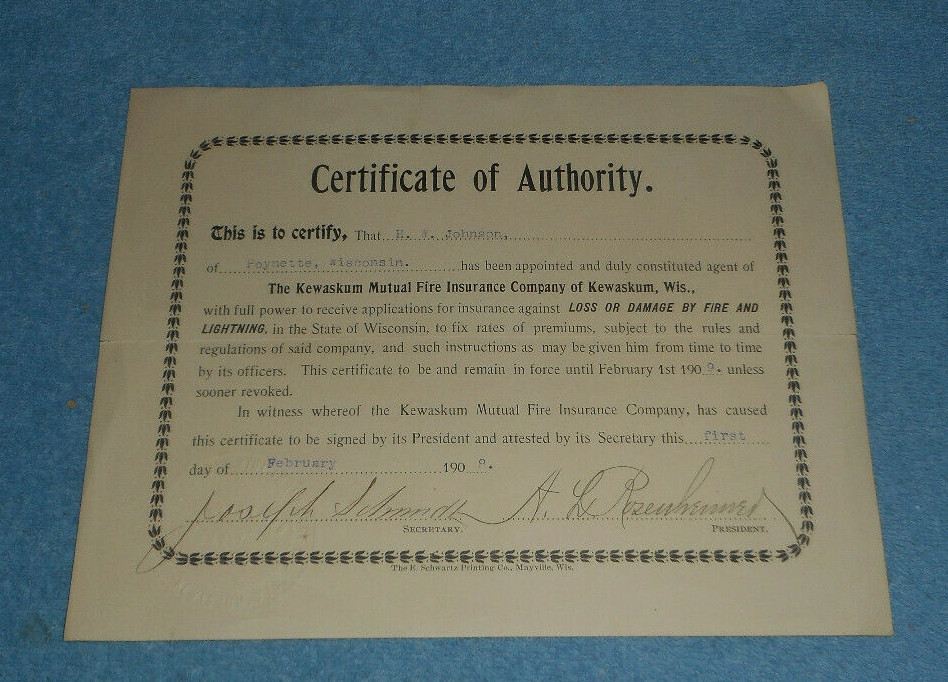1908 Kewaskum Mutual Fire Insurance Company Agent Certificate of Authority WI