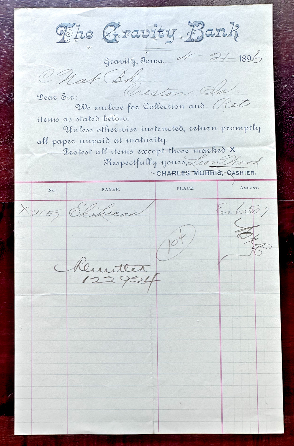 1896 THE GRAVITY BANK, IOWA COLLECTION AND RETENTION $65.07 BANK DOCUMENT – FP57