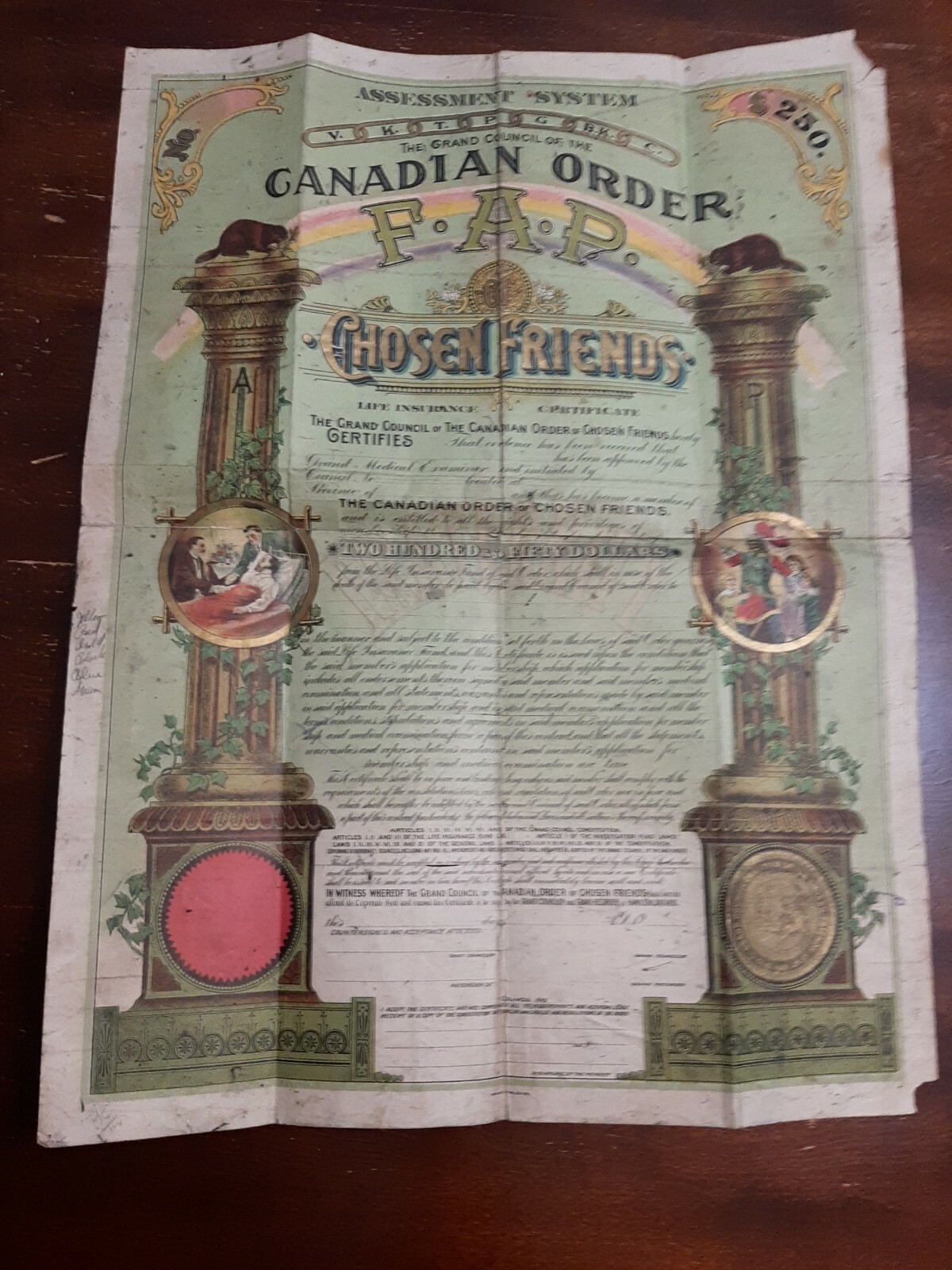 Canada 1910s Insurance Certificate.Canadian Order Of Chosen Friends