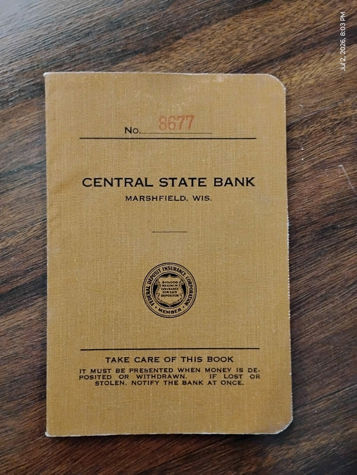 Central State Bank, Marshfield, Wi, Savings Book from 1955