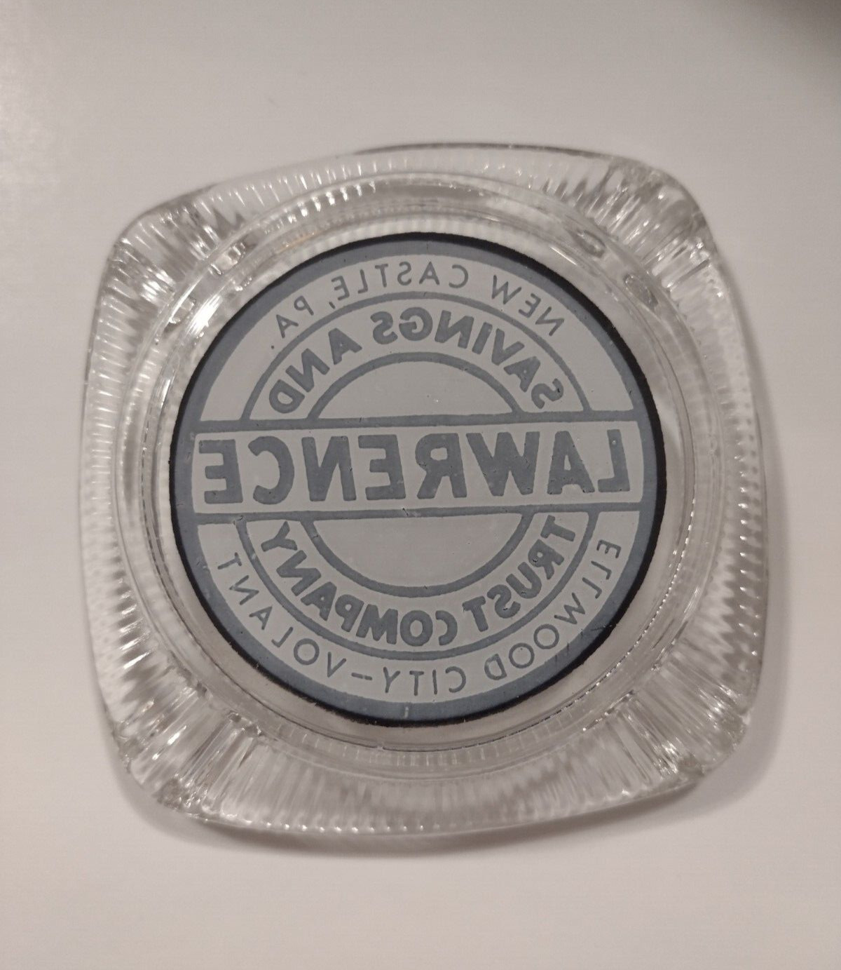 Vtg Clear Glass Ashtray Lawrence Savings Trust Co New Castle Ellwood City PA