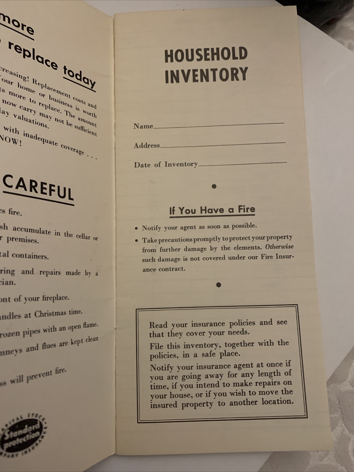 VINTAGE HOUSEHOLD INVENTORY “NEW” BY THE Planet INSURANCE COMPANY Free Shipping