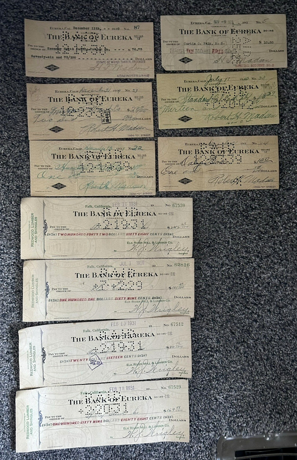 BANK OF EUREKA Ca 1920’s 1930’s 1940’s HUMBOLT COUNTY Signed CASHED Check 1889