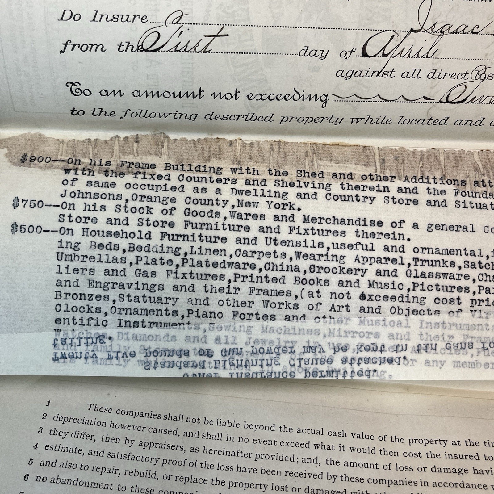 Fire Insurance Policy Vintage 1899 New York and New Jersey