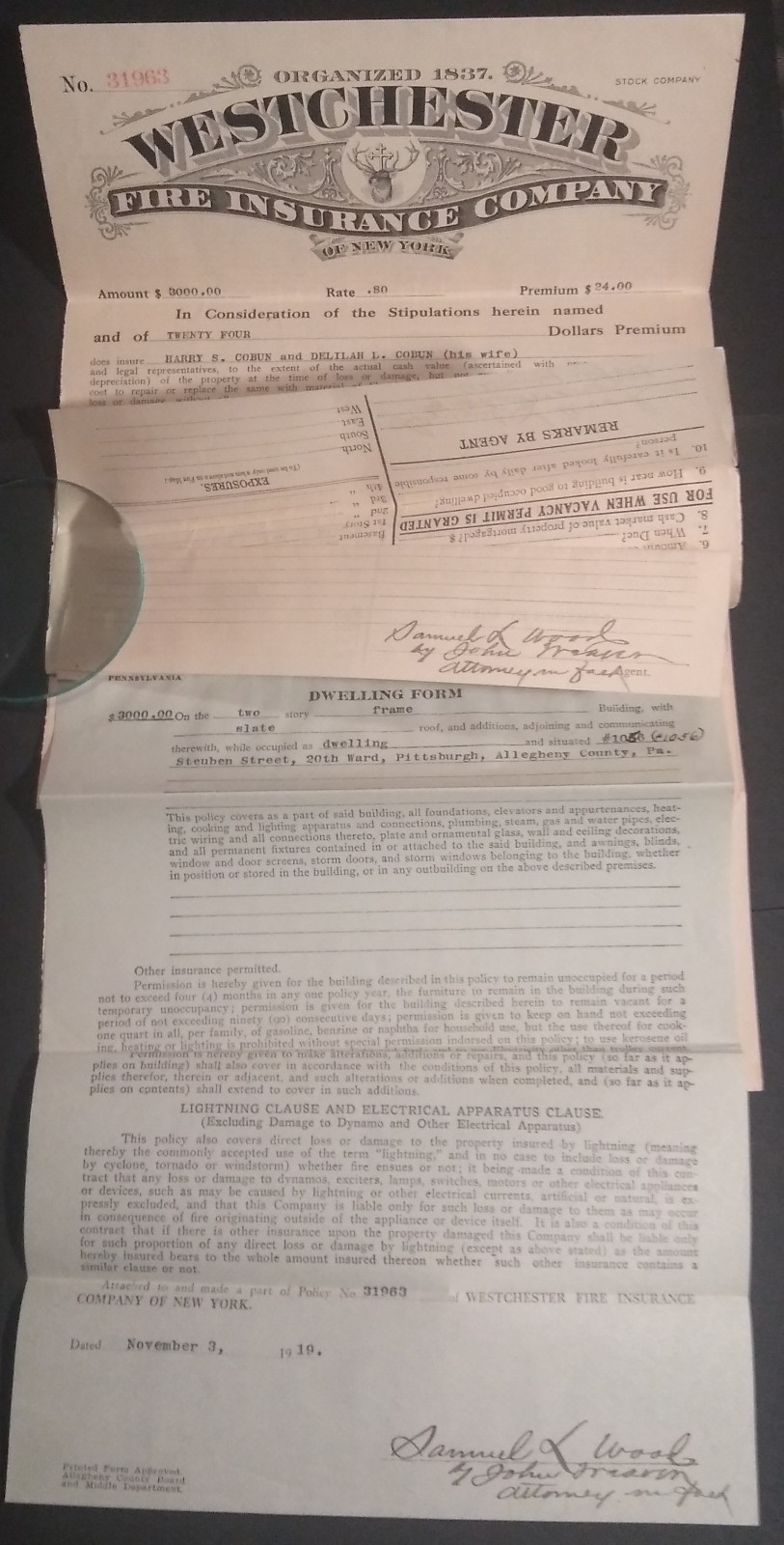 Rare Antique 1922 Westchester Fire Insurance Co. Of New York Policy