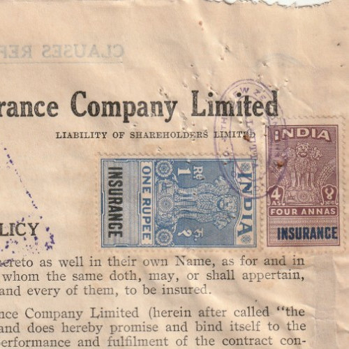 INDIA-NEW ZEALAND-ENGLAND Rare Insurance Maritime Policy Tied 1R. & 4A. KGVI 56