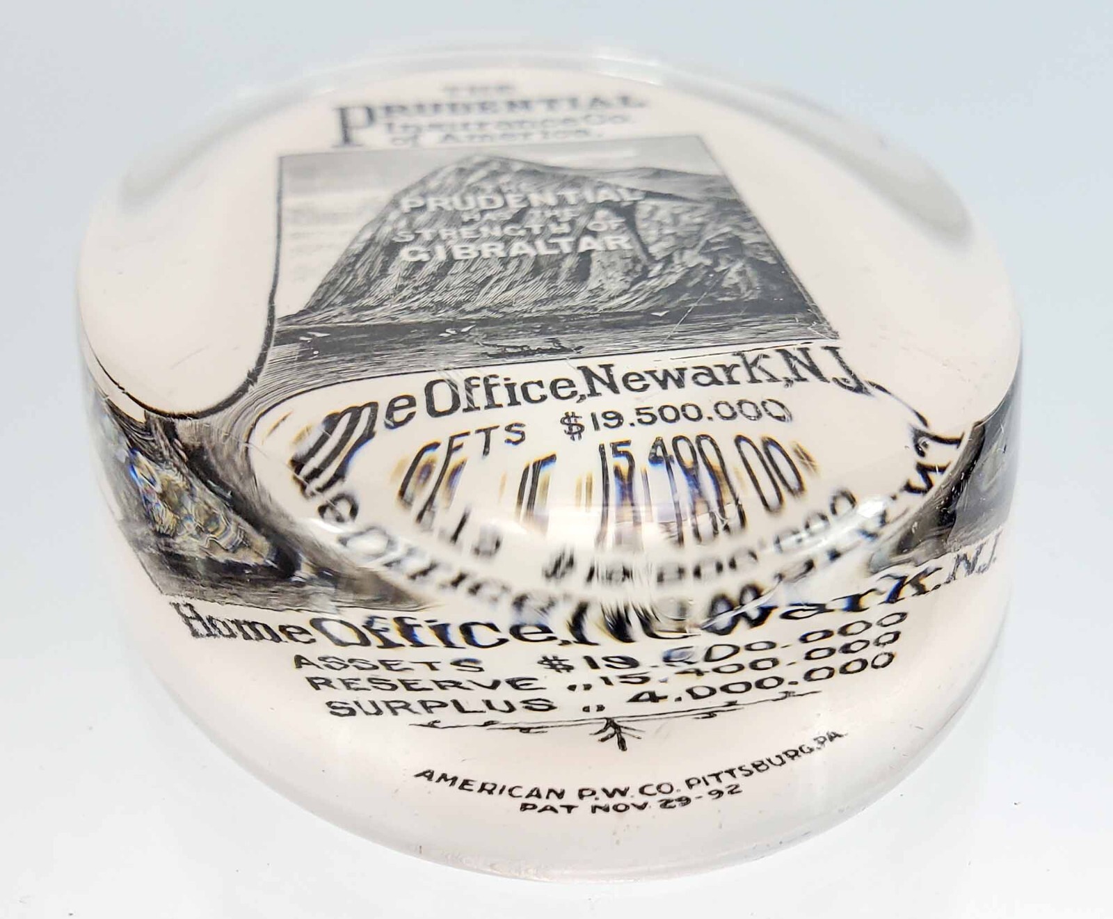 ANTIQUE 1892 PRUDENTIAL INSURANCE CO NEWARK NJ GLASS ADVERTISING PAPERWEIGHT