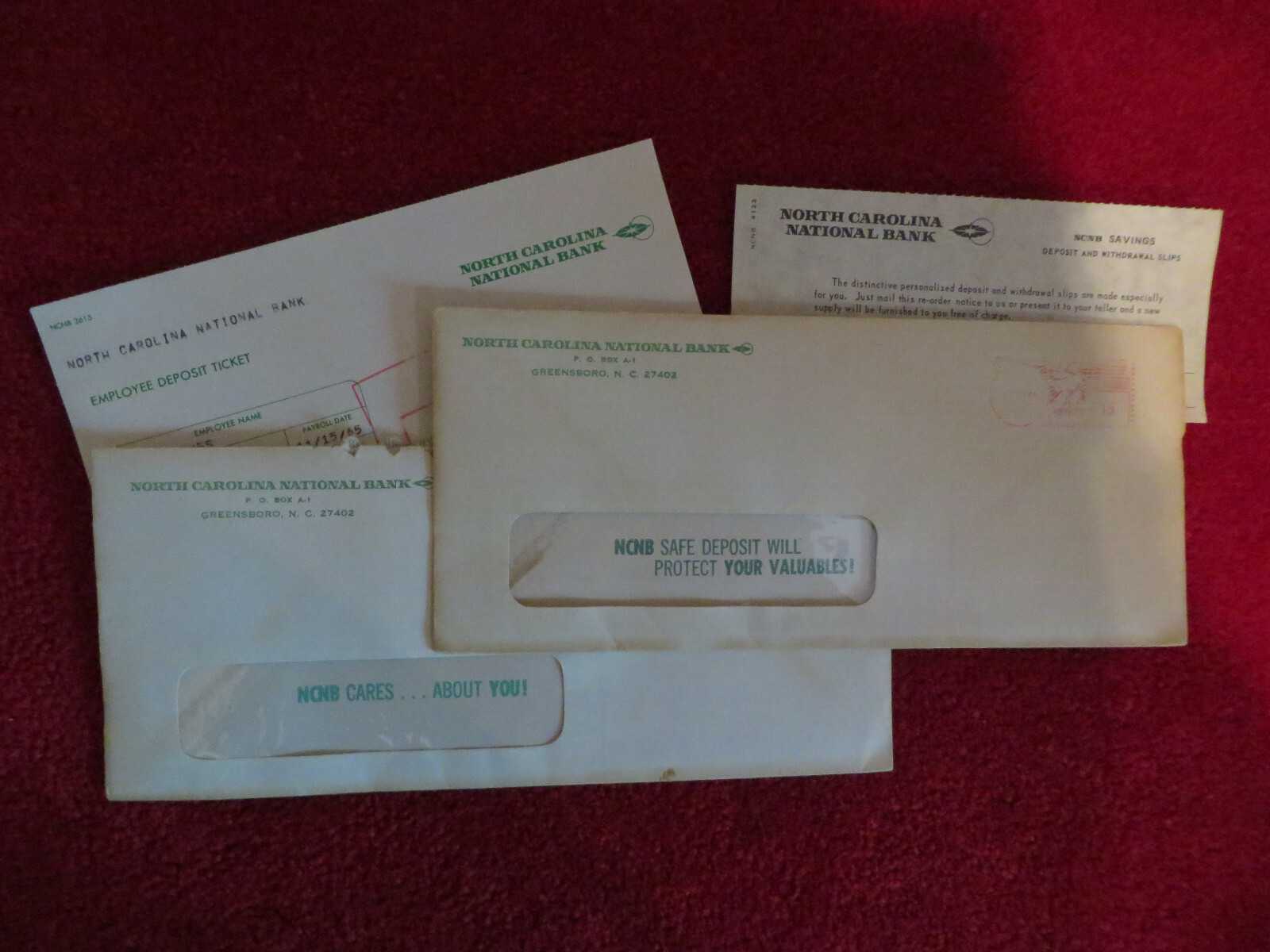 NCNB North Carolina National Bank 1960s Greensboro NC Employee Receipt & Envs