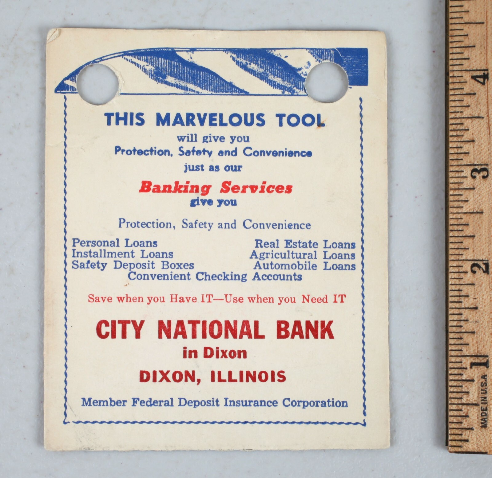 Vintage Paring Knife Promotional Giveaway Tag City National Bank Dixon Illinois