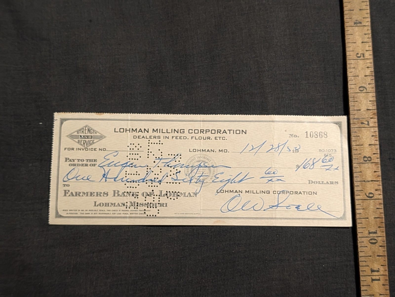 Vintage Lohman Missouri feed and flour mill check