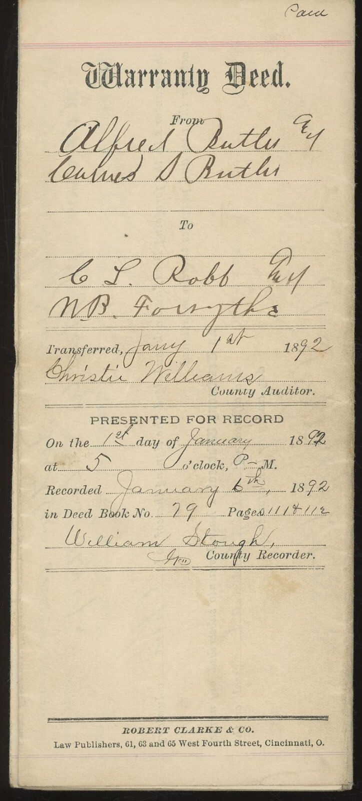 1892 Warranty Deed Logan, County, Bellefontaine Ohio