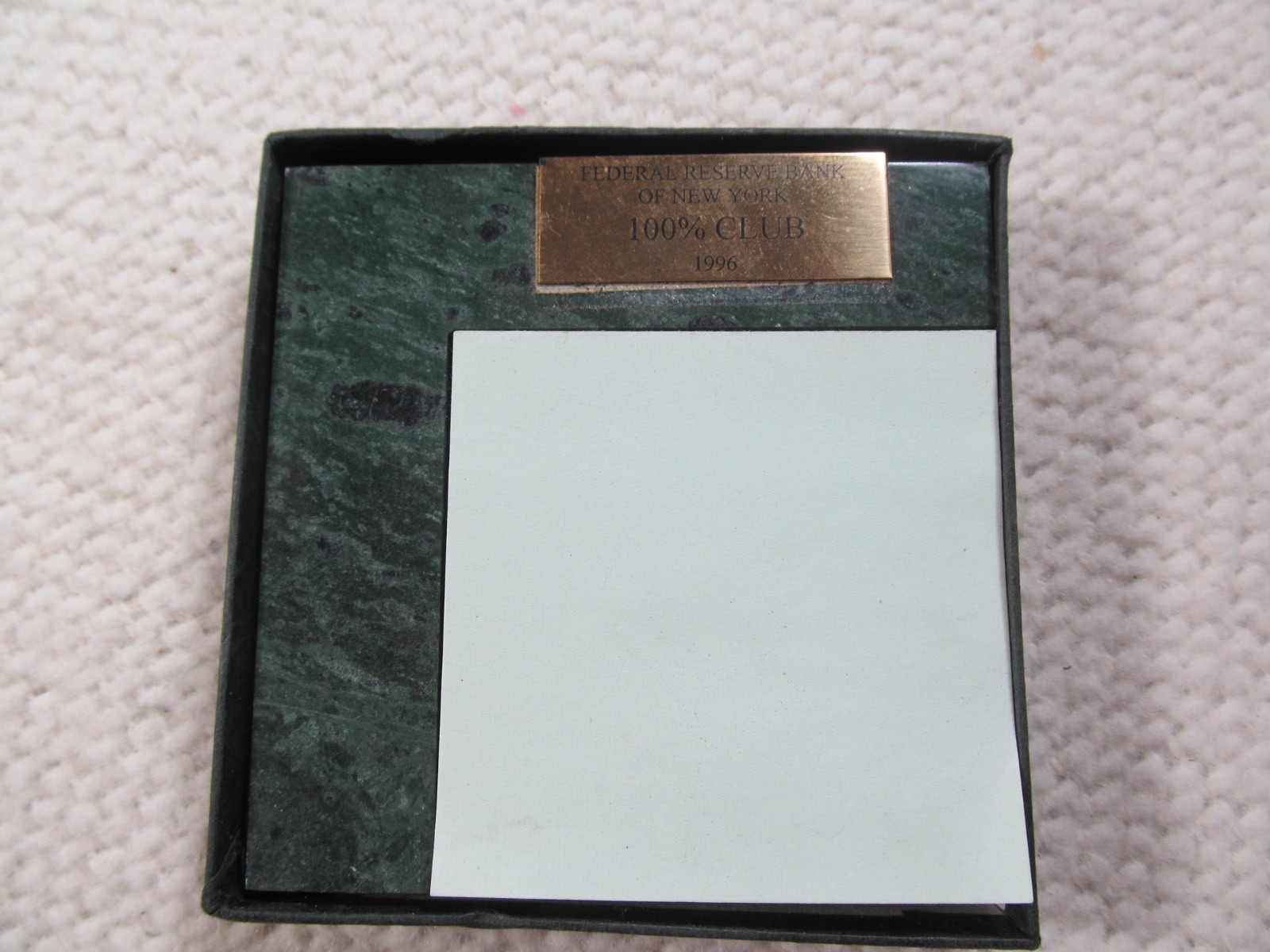 Federal Reserve Bank NY 1996 Marble Memo Pad Holder Award Plaque 100% Club