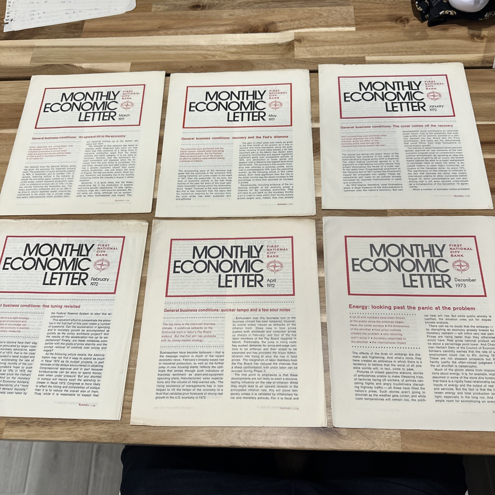 Lot of 6 First National City Bank Monthly Economic Letter 1971-1973 Vintage