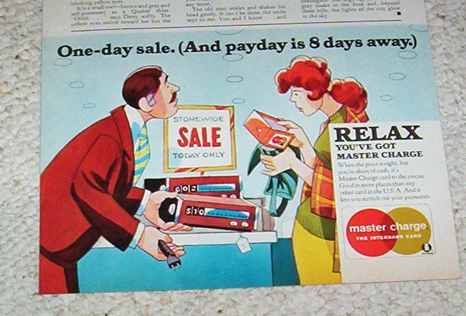 1974 print ad -Master Charge credit card- sale lady art Interbank advertising