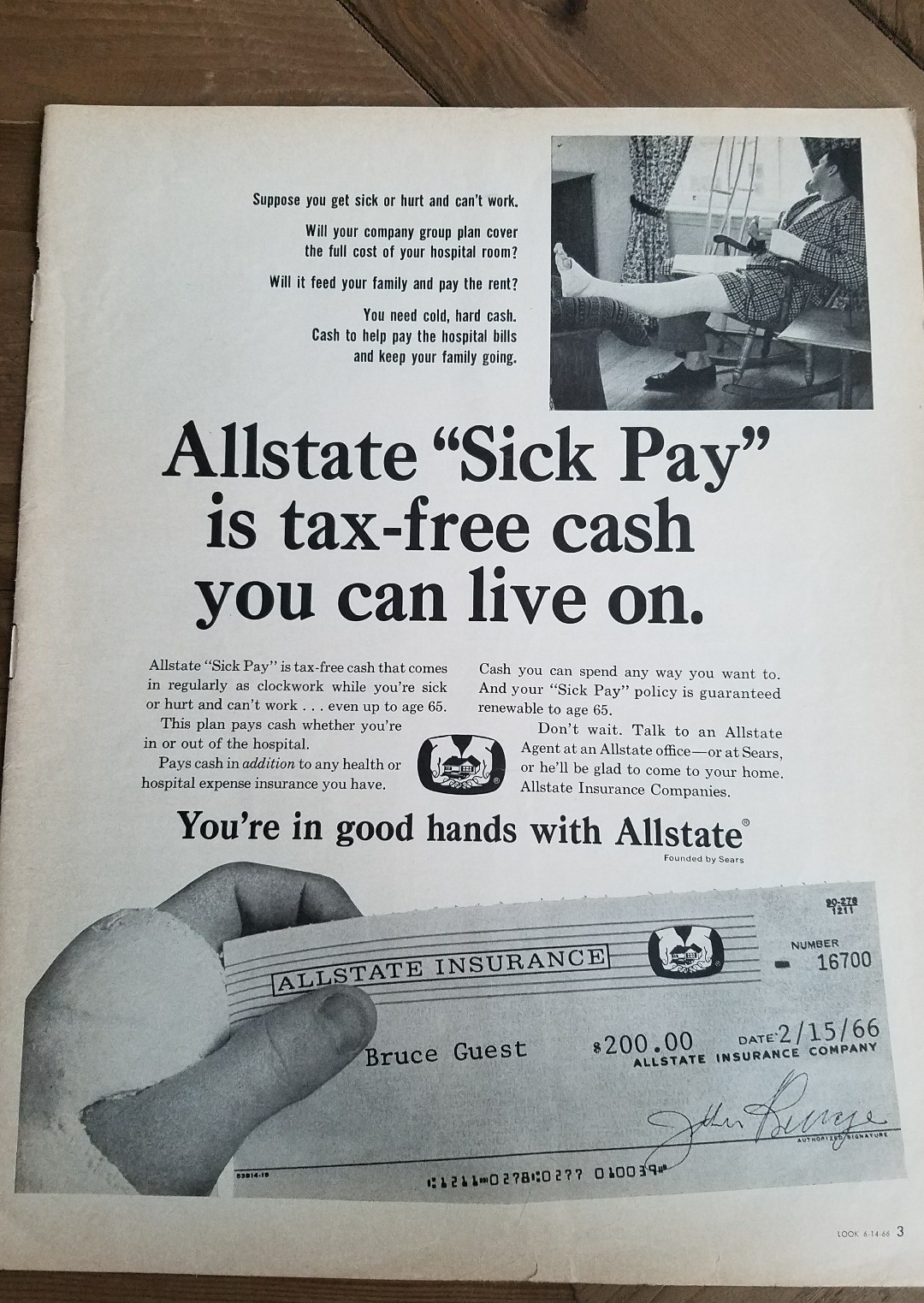 1966 Allstate Insurance sick pay tax free cash can live on broken leg cast ad
