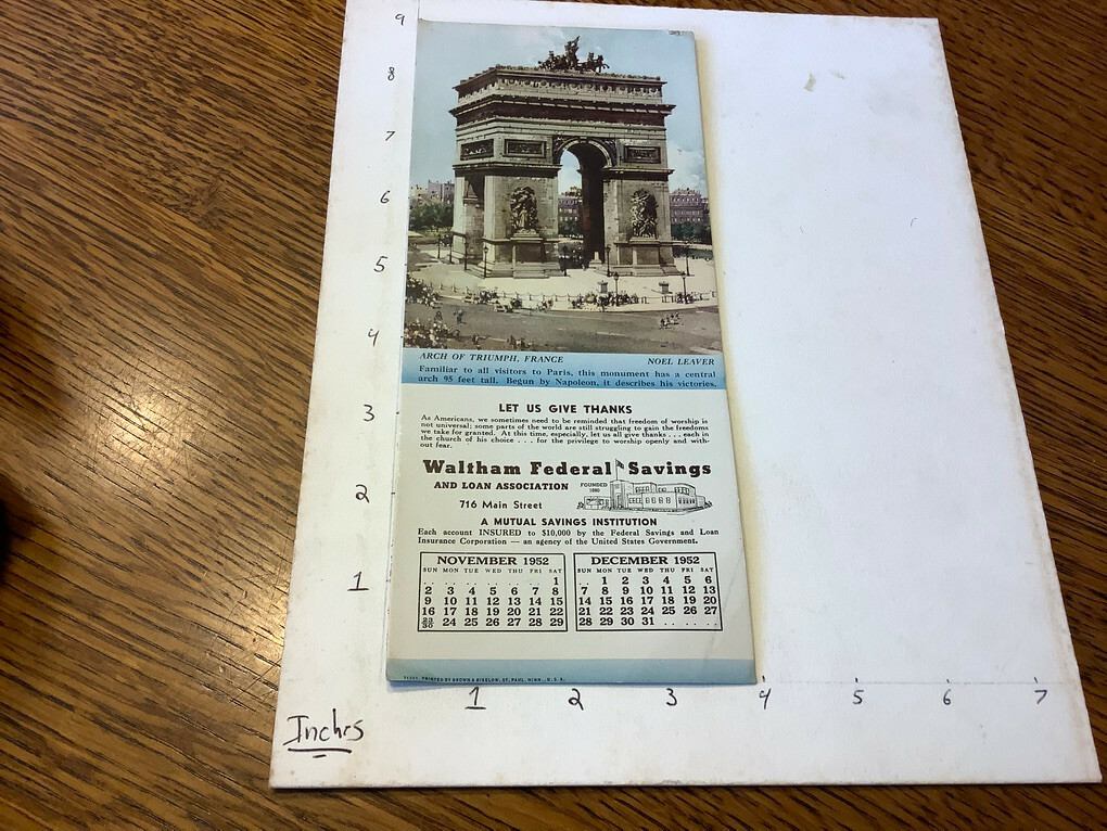 Vintage Original: blotter — WALTHAM FEDERAL SAVINGS – november december 1952