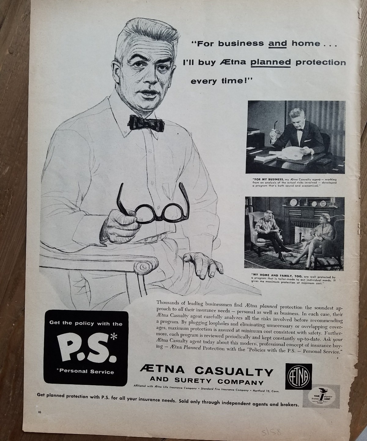 1958 Aetna Casualty surety Insurance business man eyeglasses bow tie ad