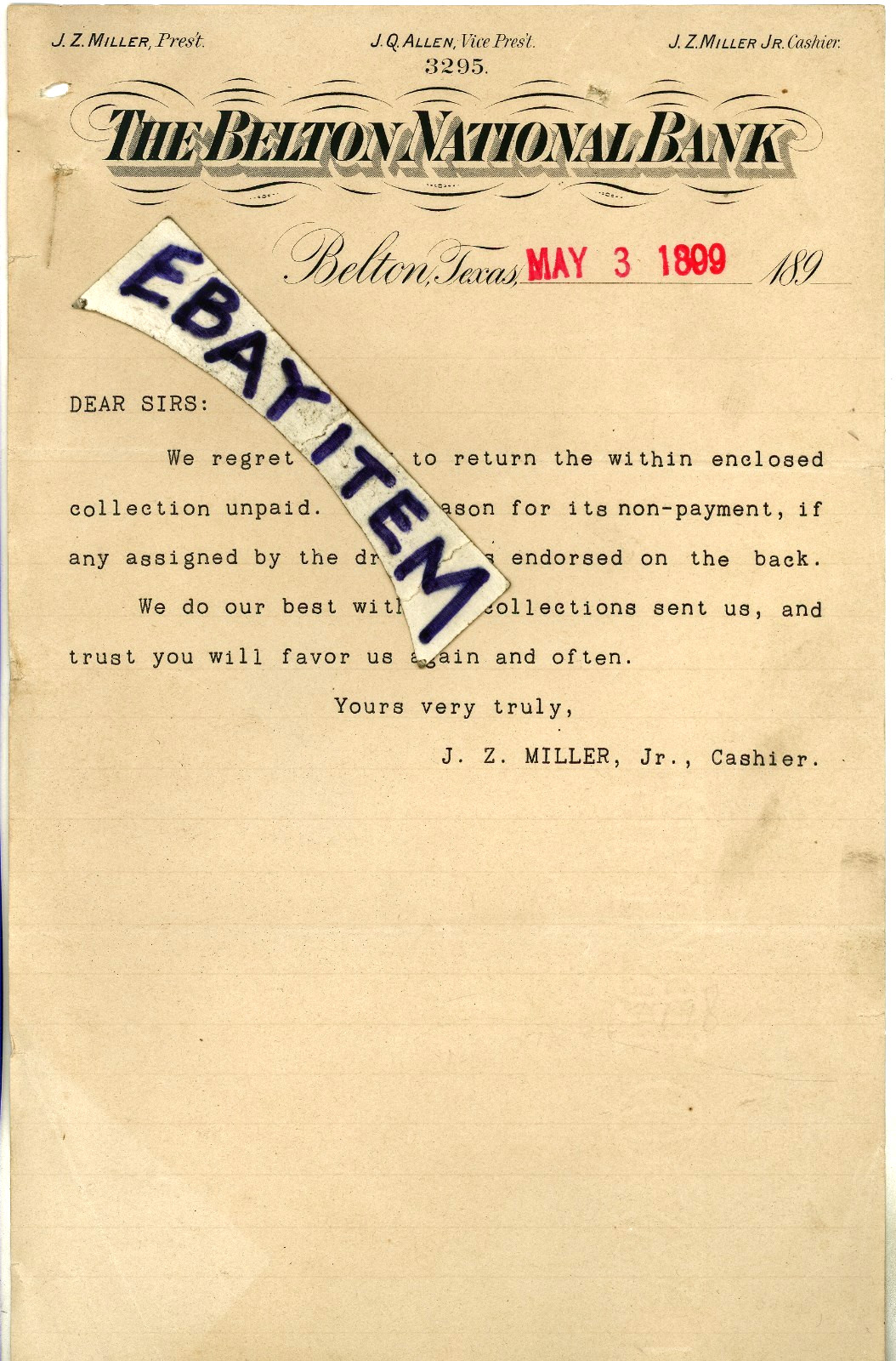 1899 Letterhead BELTON NATIONAL BANK 3295 Texas J Z MILLER J Q Allen