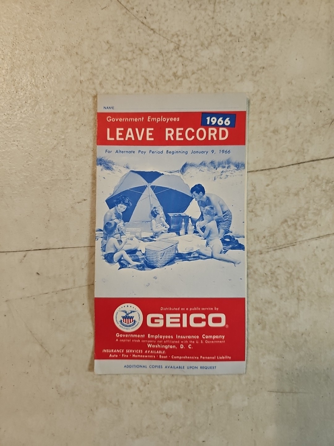 Vintage Geico Government Employees 1966 Leave Record. Geico Insurance Company