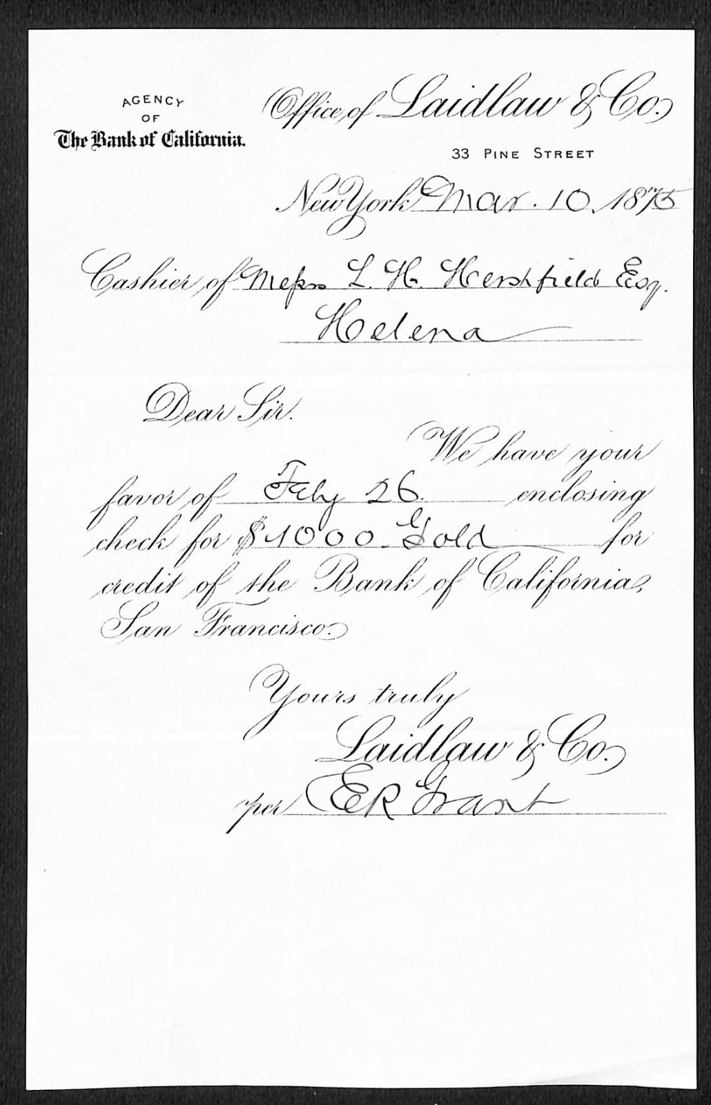 Laidlaw & Co NYC 1875 Payment Notice L.H. Hershfield* Helena “$1,000 Gold” (#6)