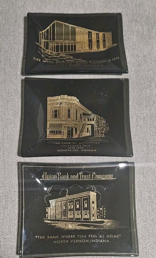 Set 3 Bent Glass Tray Savings Loan Bank Advertising Gold MCM Indiana 5×4
