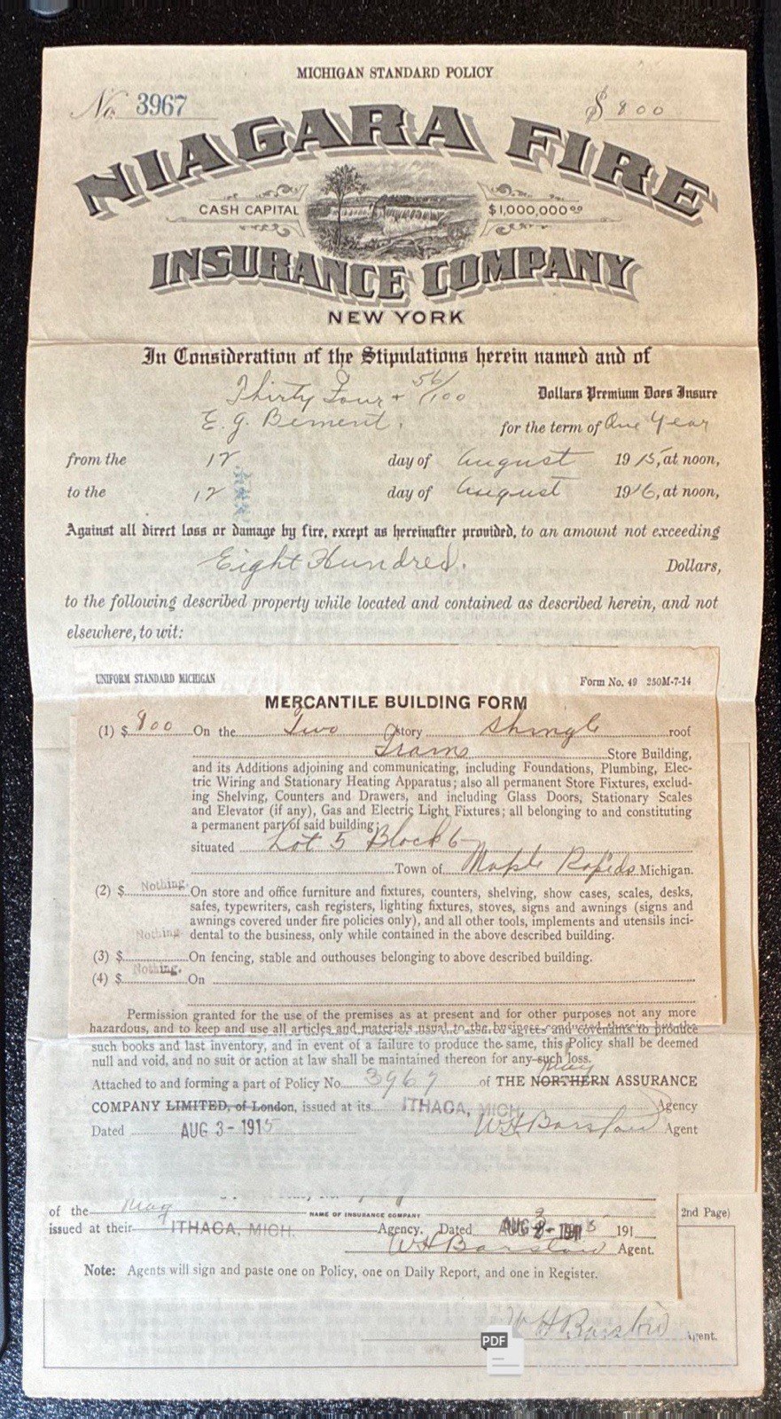 NIAGARA FIRE INSURANCE CO. of NEW YORK POLICY, AUG. 1915 to 1916 on Home in Mich
